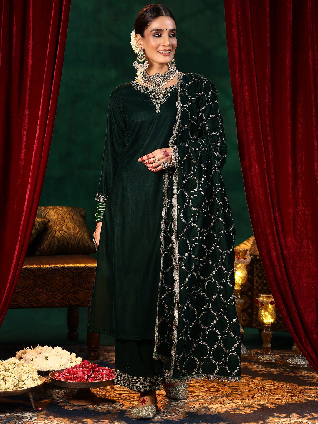 Green Yoke Design Velvet Straight Suit With Dupatta