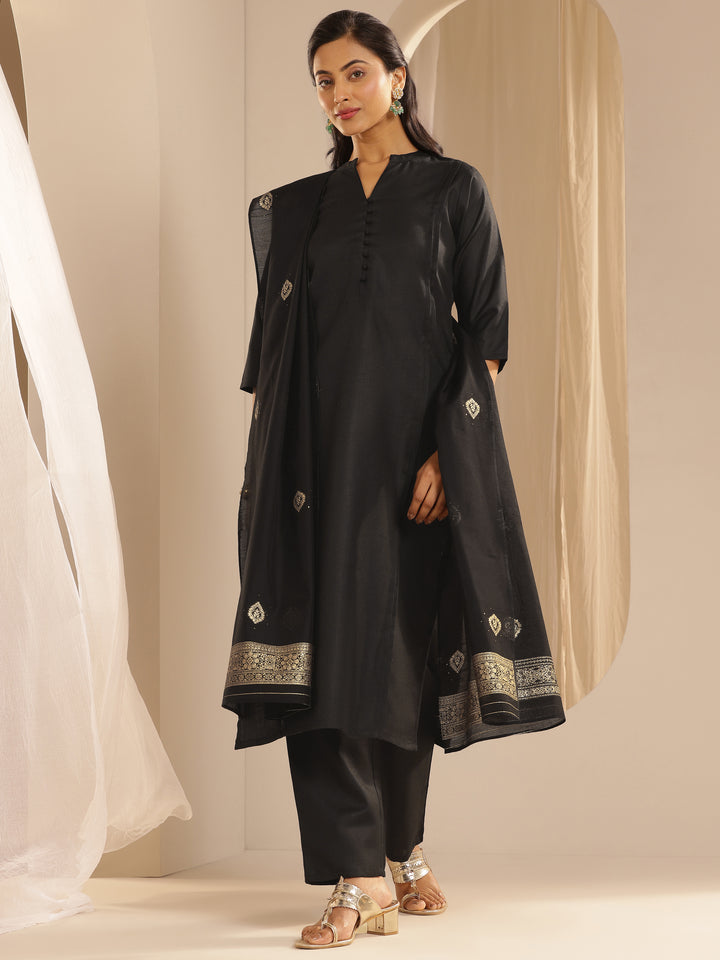 Black Solid Cotton Blend Straight Suit With Dupatta
