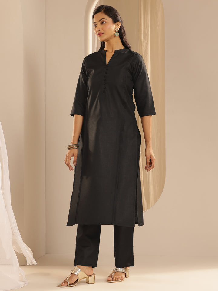 Black Solid Cotton Blend Straight Suit With Dupatta