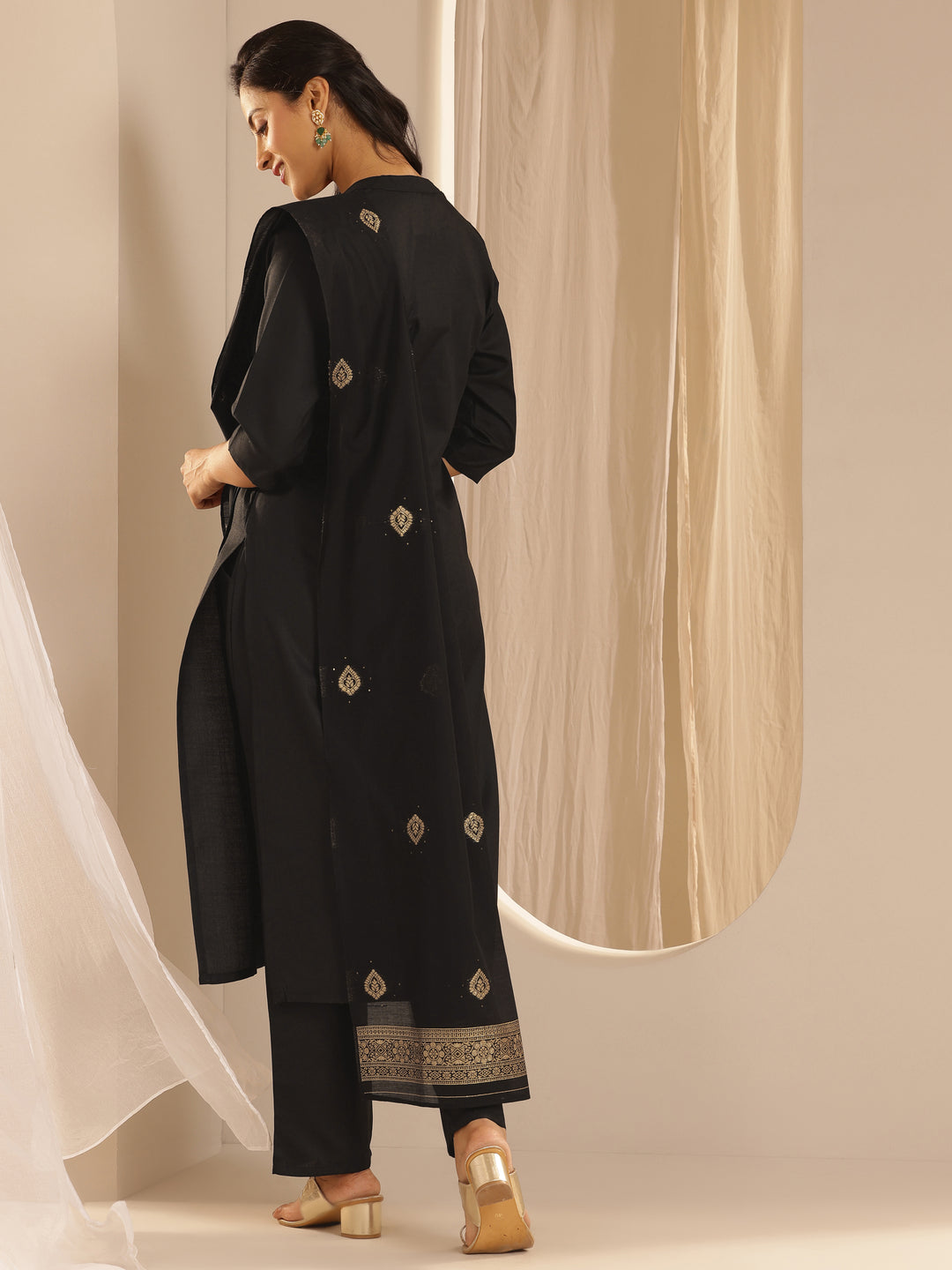 Black Solid Cotton Blend Straight Suit With Dupatta