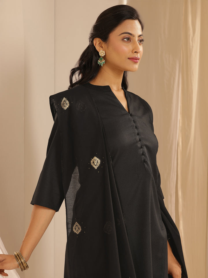 Black Solid Cotton Blend Straight Suit With Dupatta