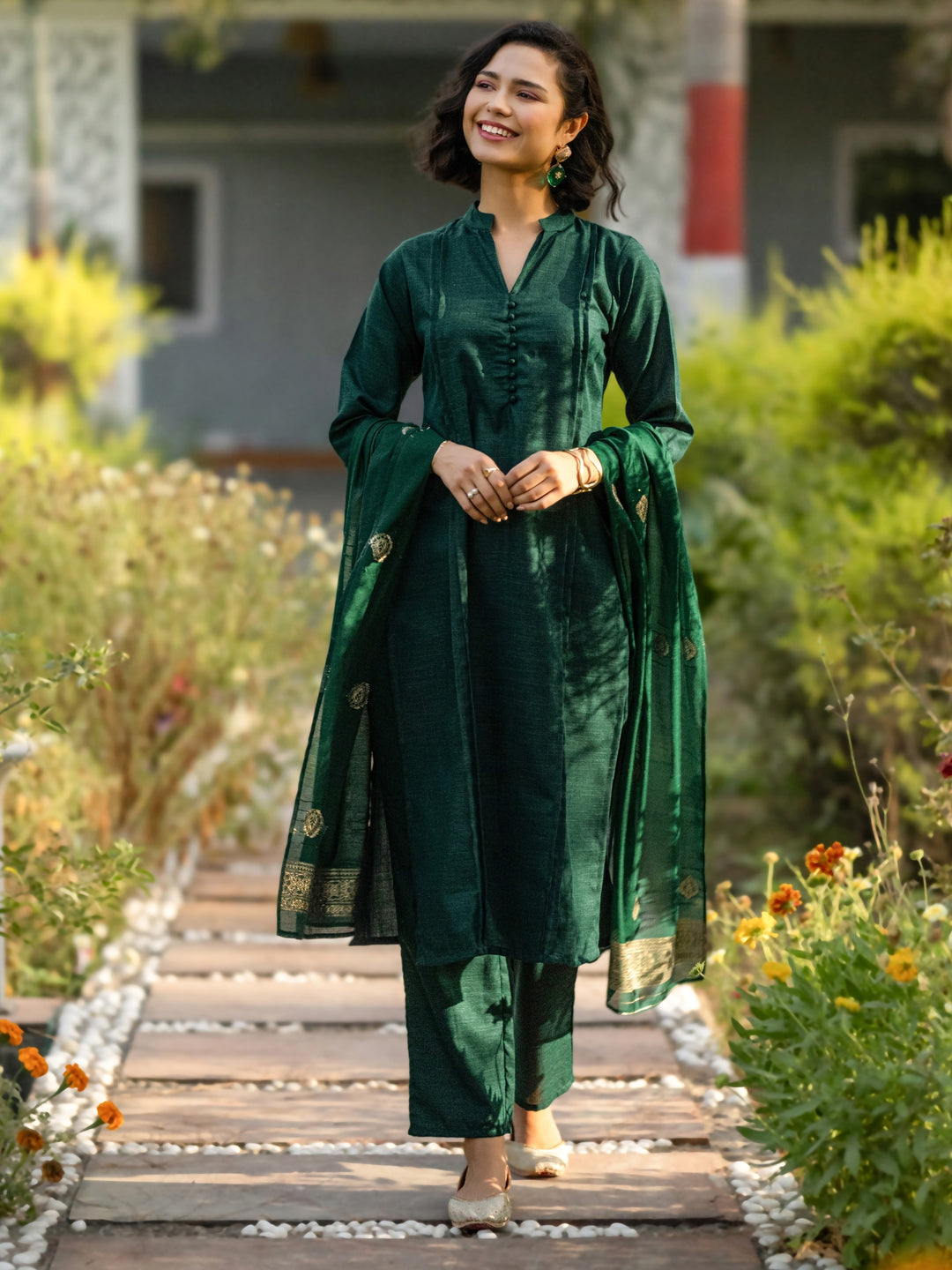 Green Solid Cotton Blend Straight Suit With Dupatta