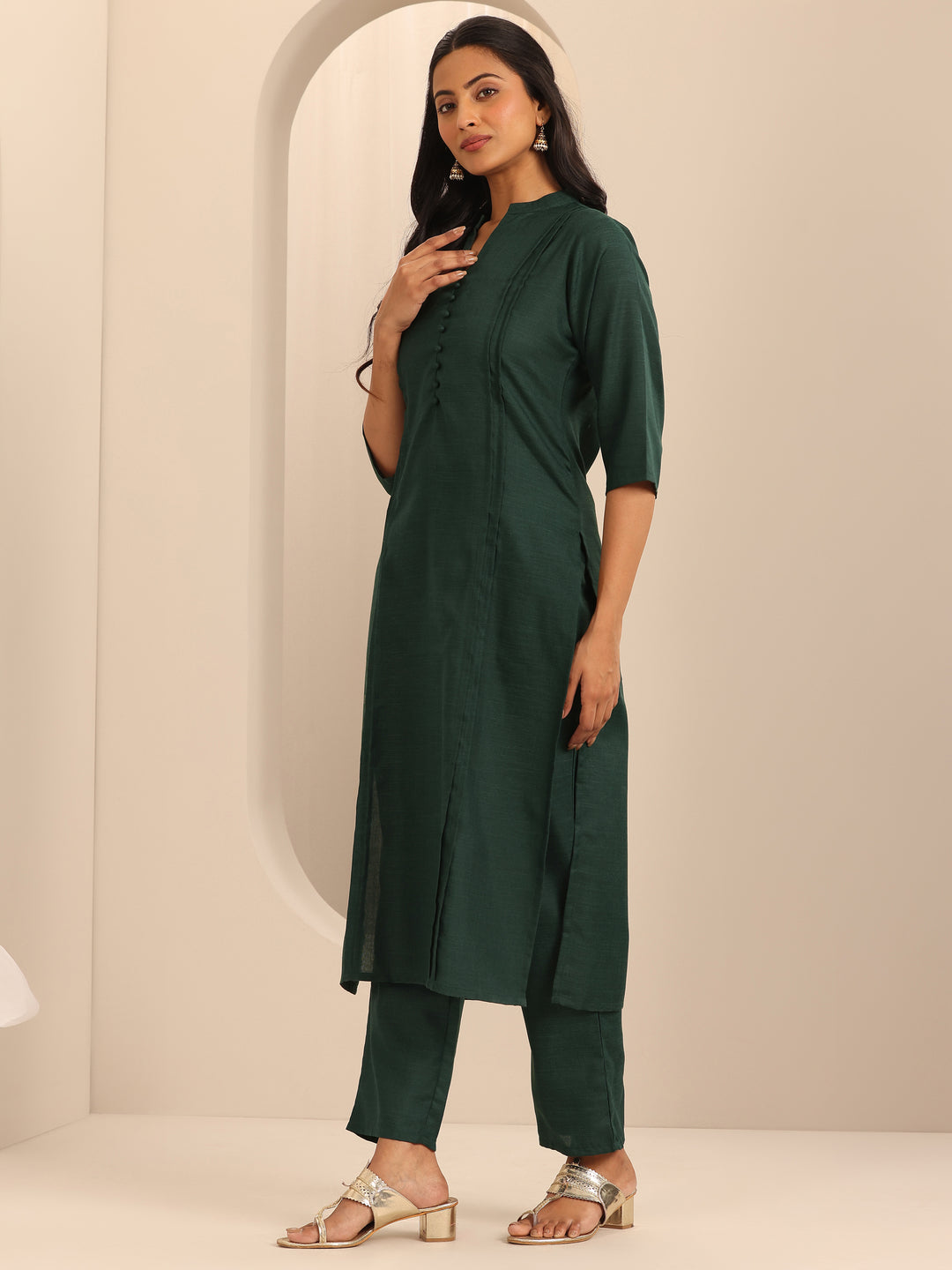 Green Solid Cotton Blend Straight Suit With Dupatta