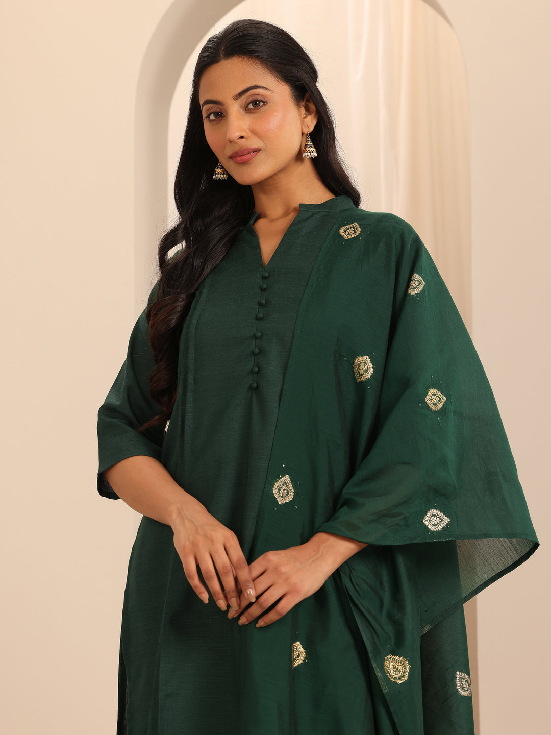 Green Solid Cotton Blend Straight Suit With Dupatta