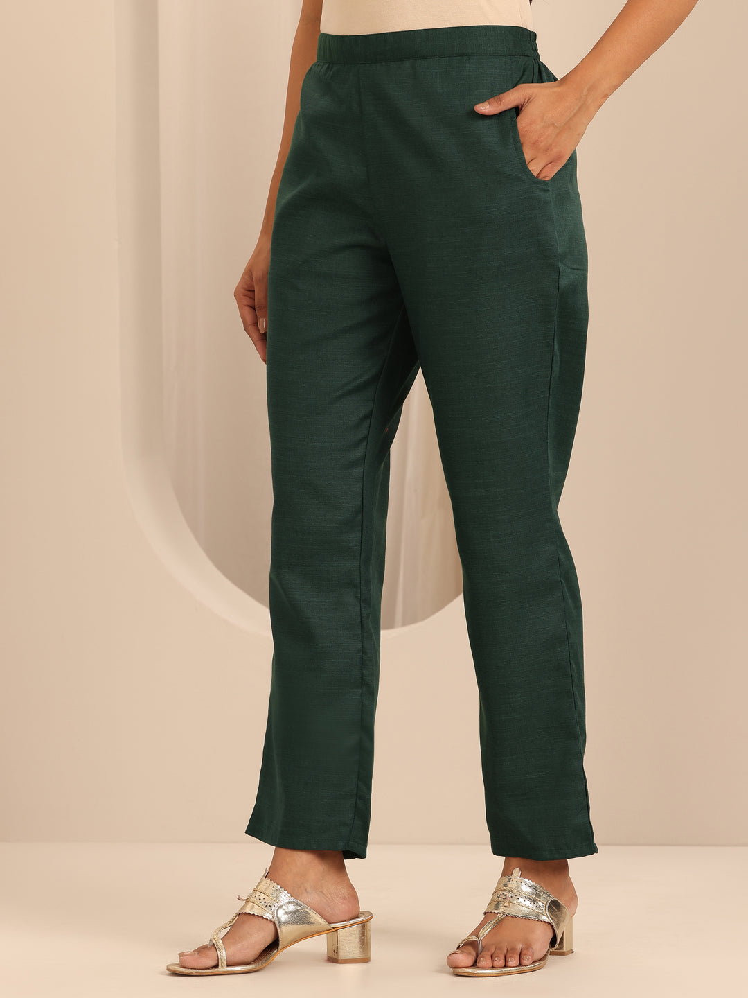 Green Solid Cotton Blend Straight Suit With Dupatta