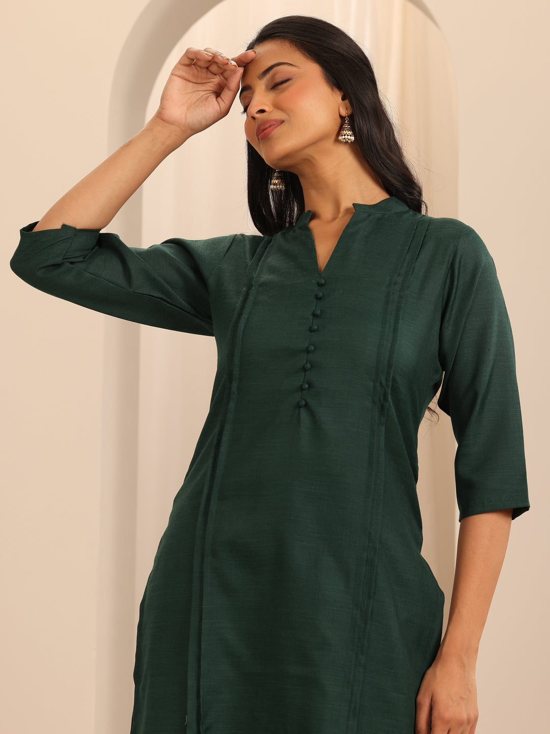 Green Solid Cotton Blend Straight Suit With Dupatta