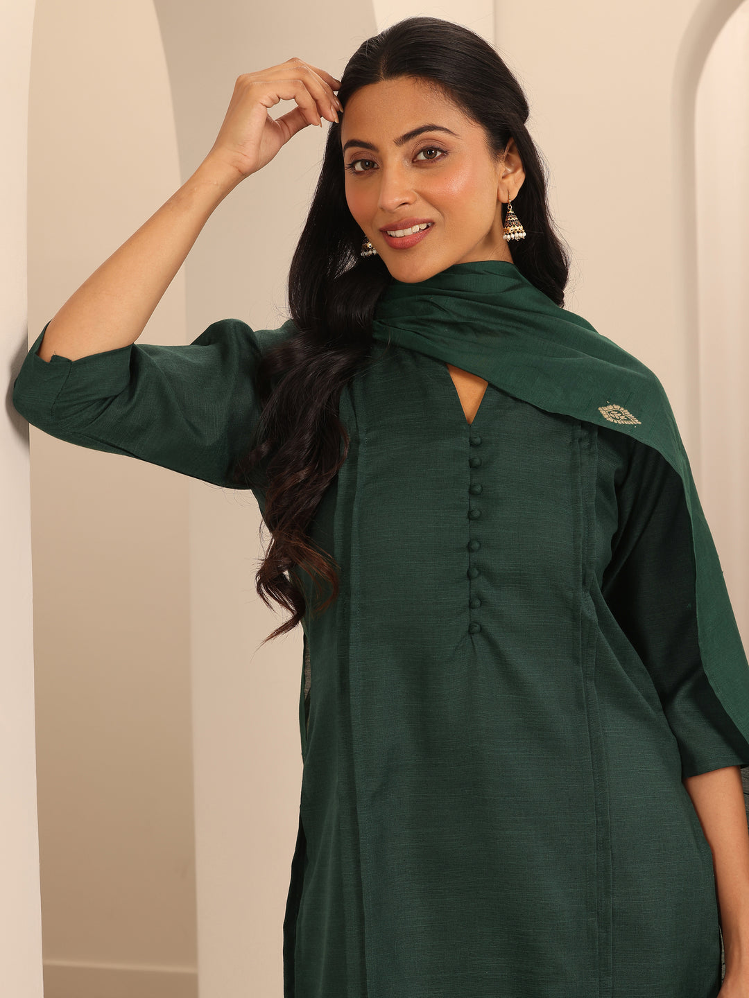 Green Solid Cotton Blend Straight Suit With Dupatta