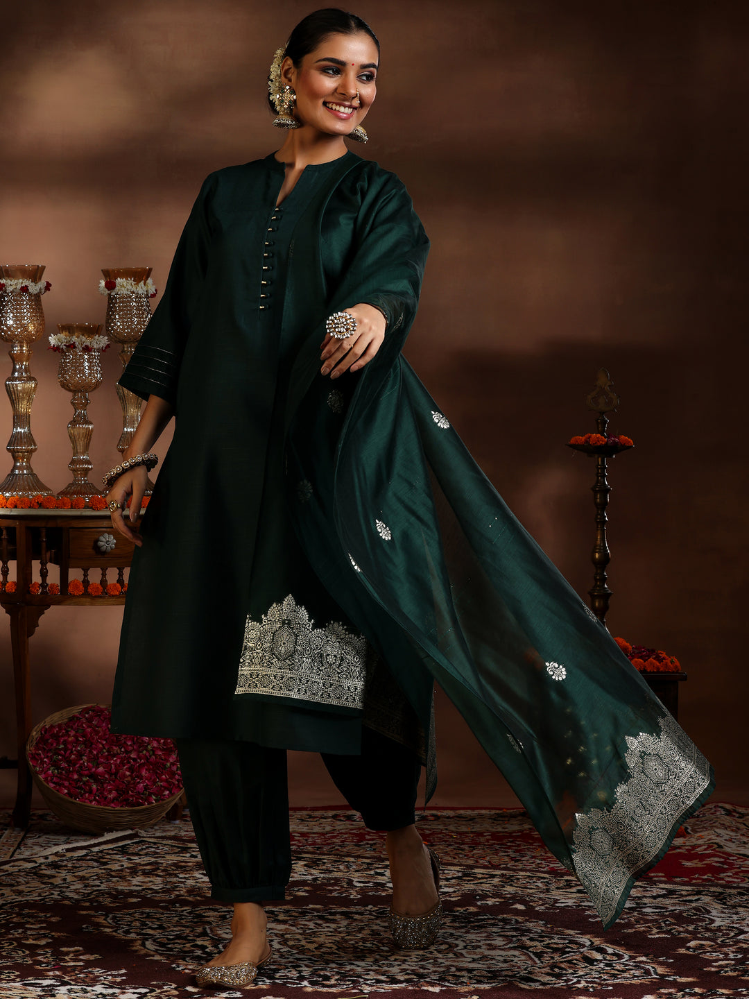 Green Solid Cotton Blend Straight Suit With Dupatta
