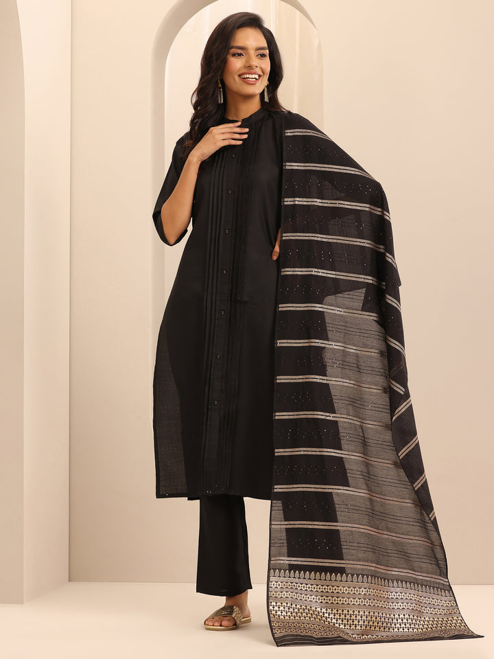 Black Solid Cotton Blend Straight Suit With Dupatta