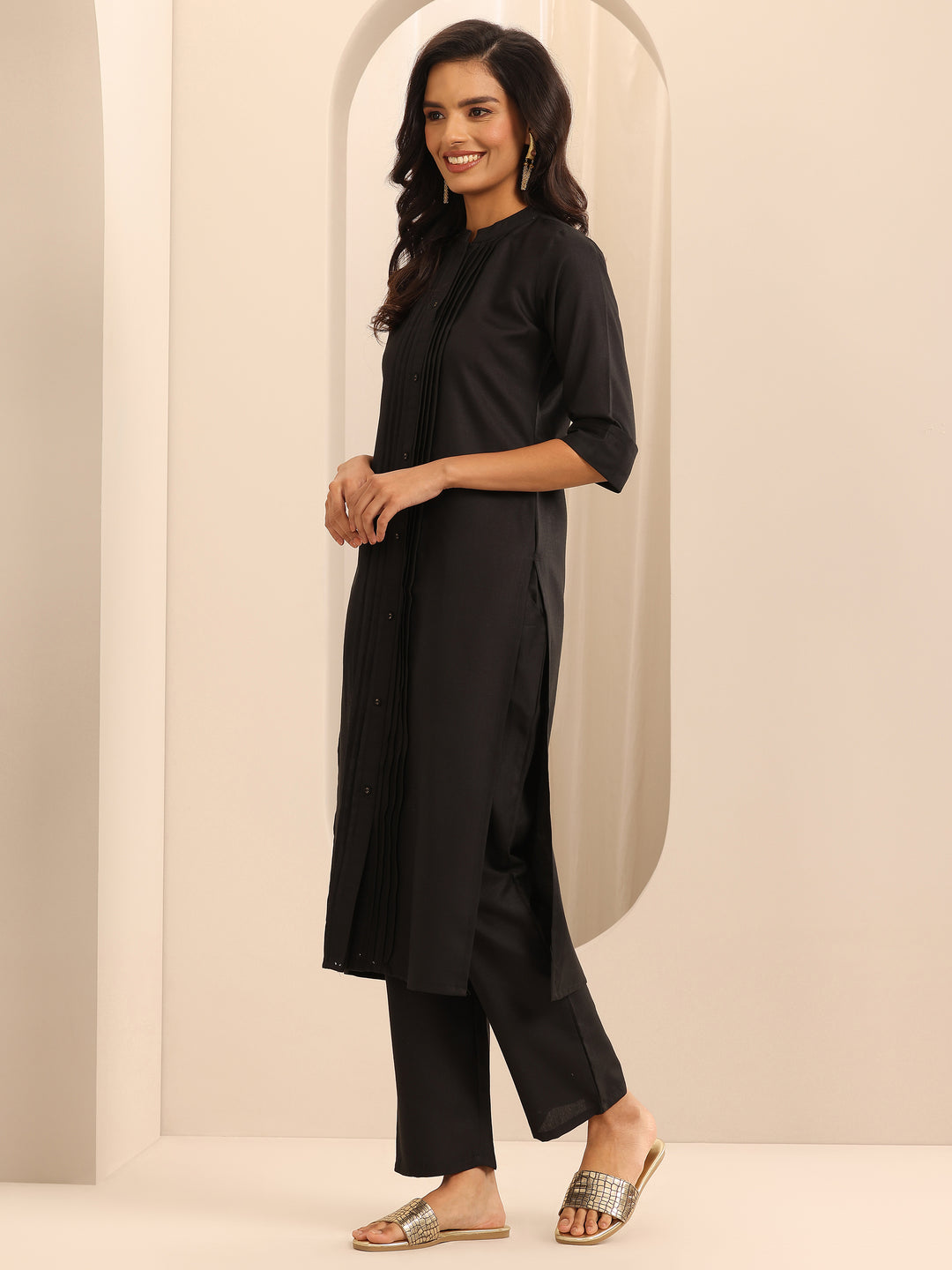 Black Solid Cotton Blend Straight Suit With Dupatta