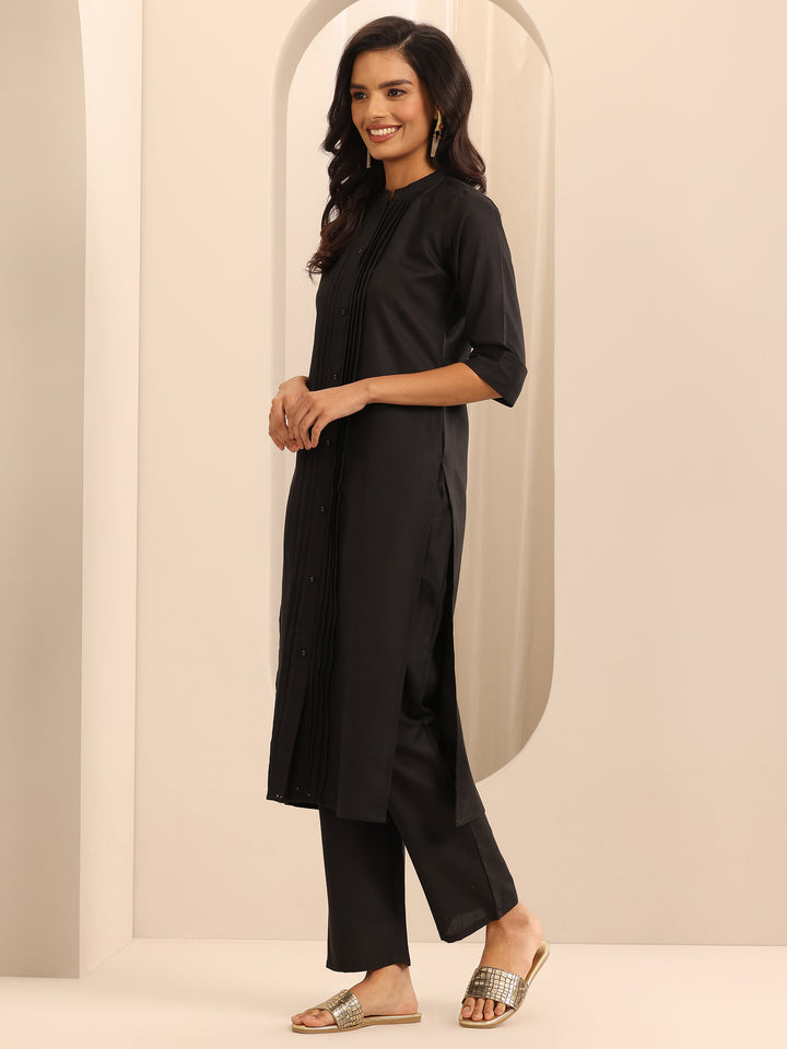 Black Solid Cotton Blend Straight Suit With Dupatta