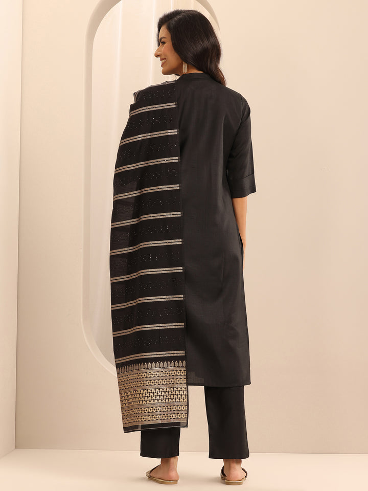 Black Solid Cotton Blend Straight Suit With Dupatta