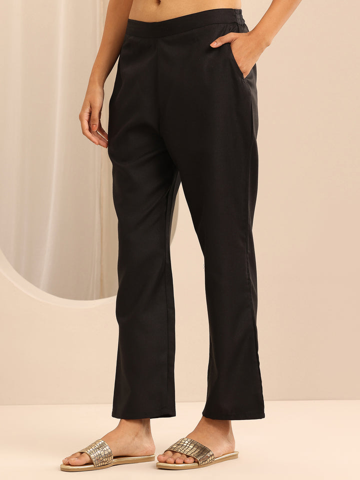 Black Solid Cotton Blend Straight Suit With Dupatta