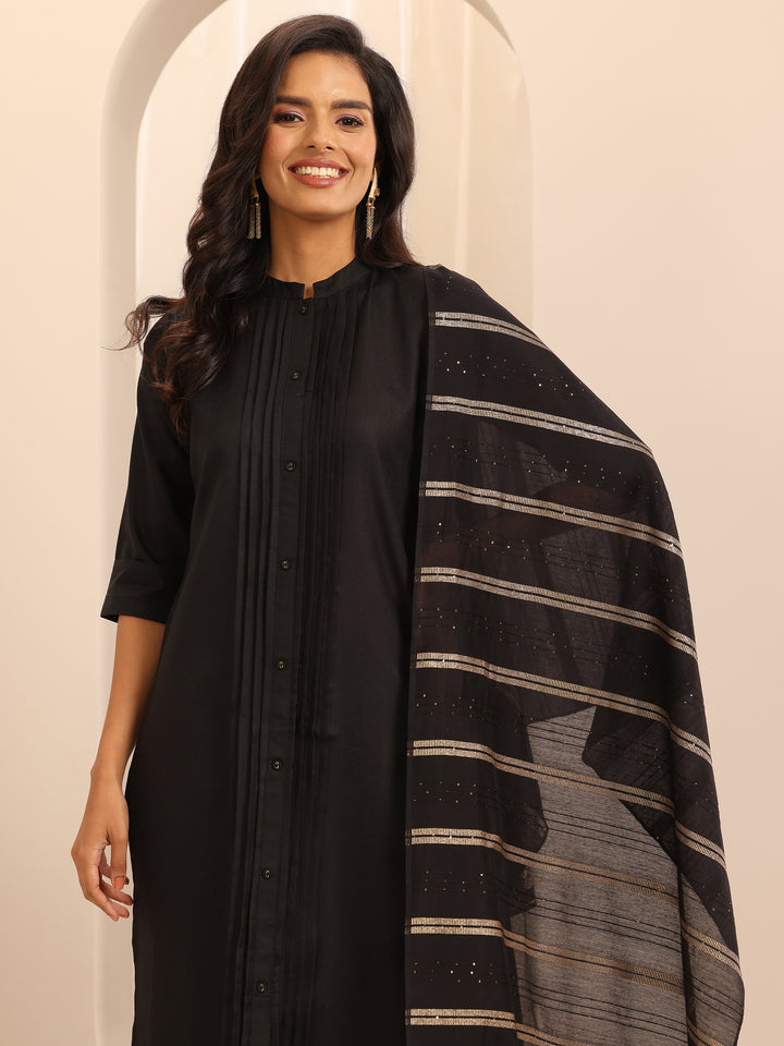 Black Solid Cotton Blend Straight Suit With Dupatta