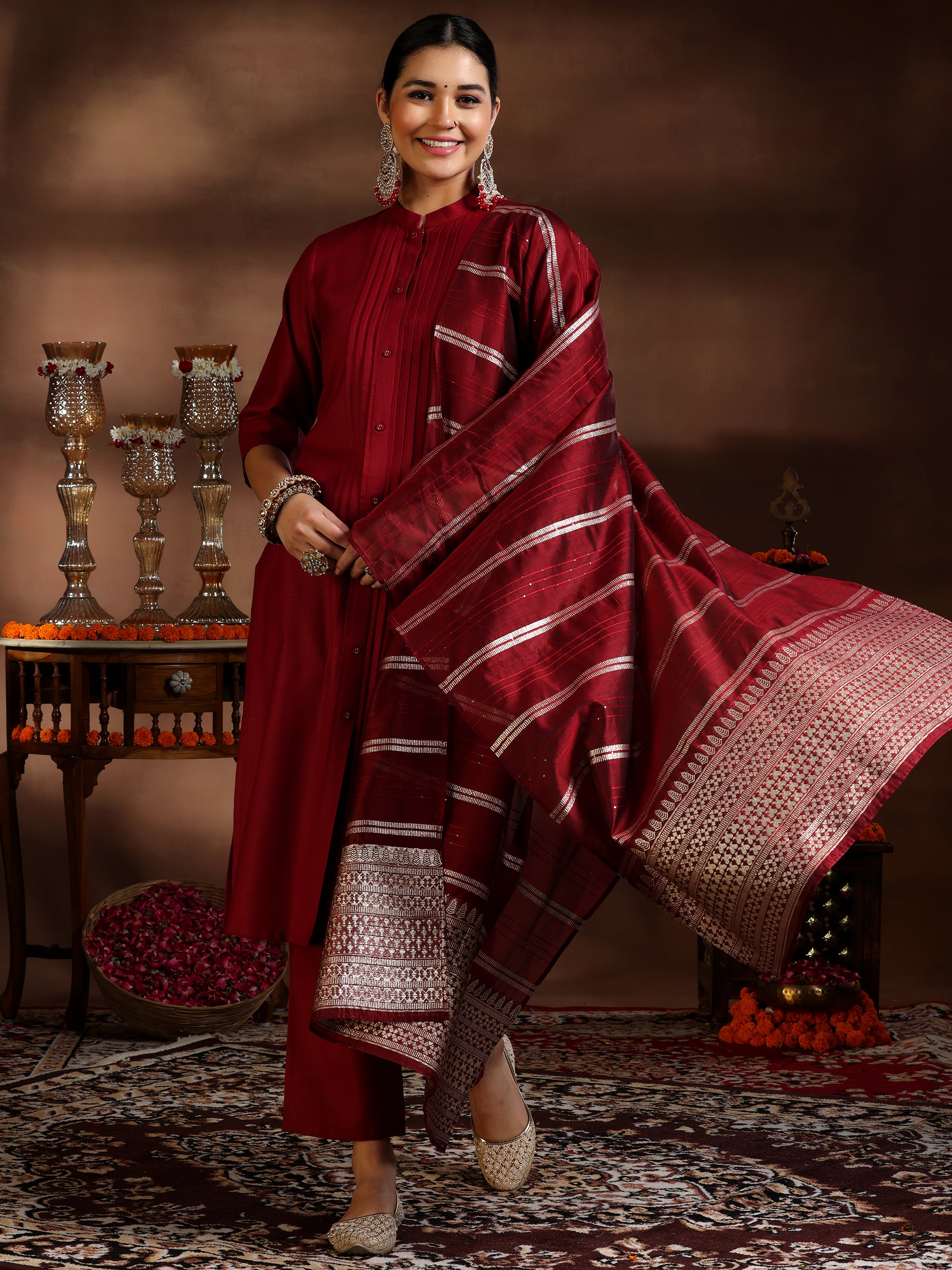 Maroon Solid Cotton Suit Set
