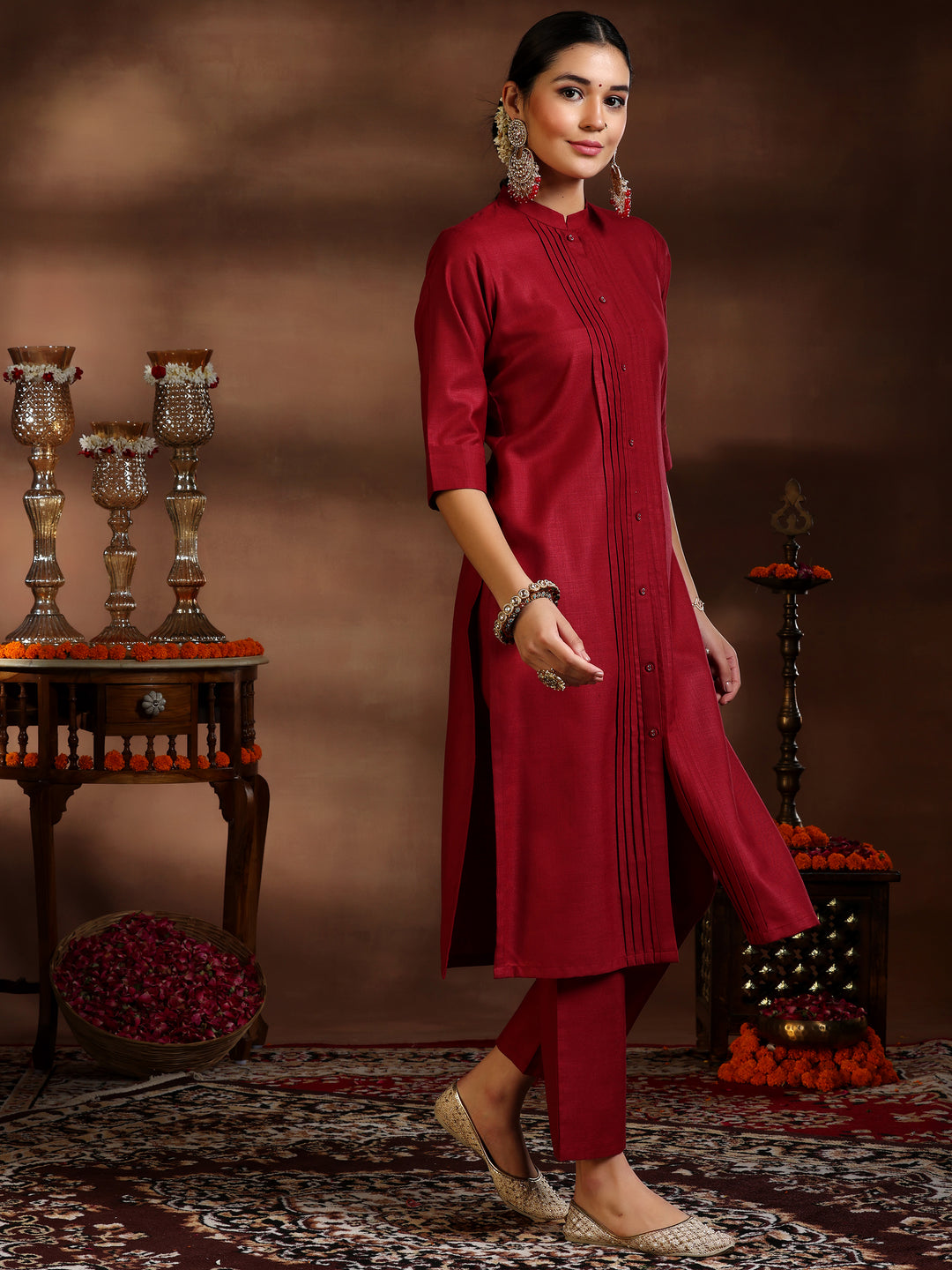 Maroon Solid Cotton Blend Straight Suit With Dupatta