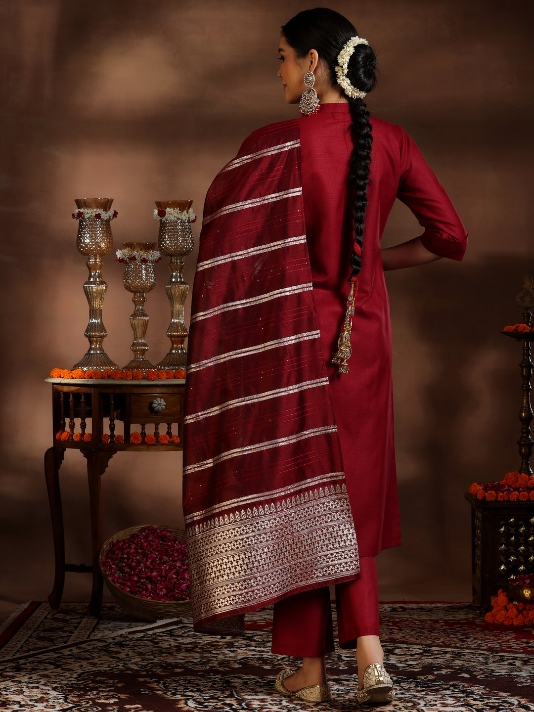 Maroon Solid Cotton Blend Straight Suit With Dupatta