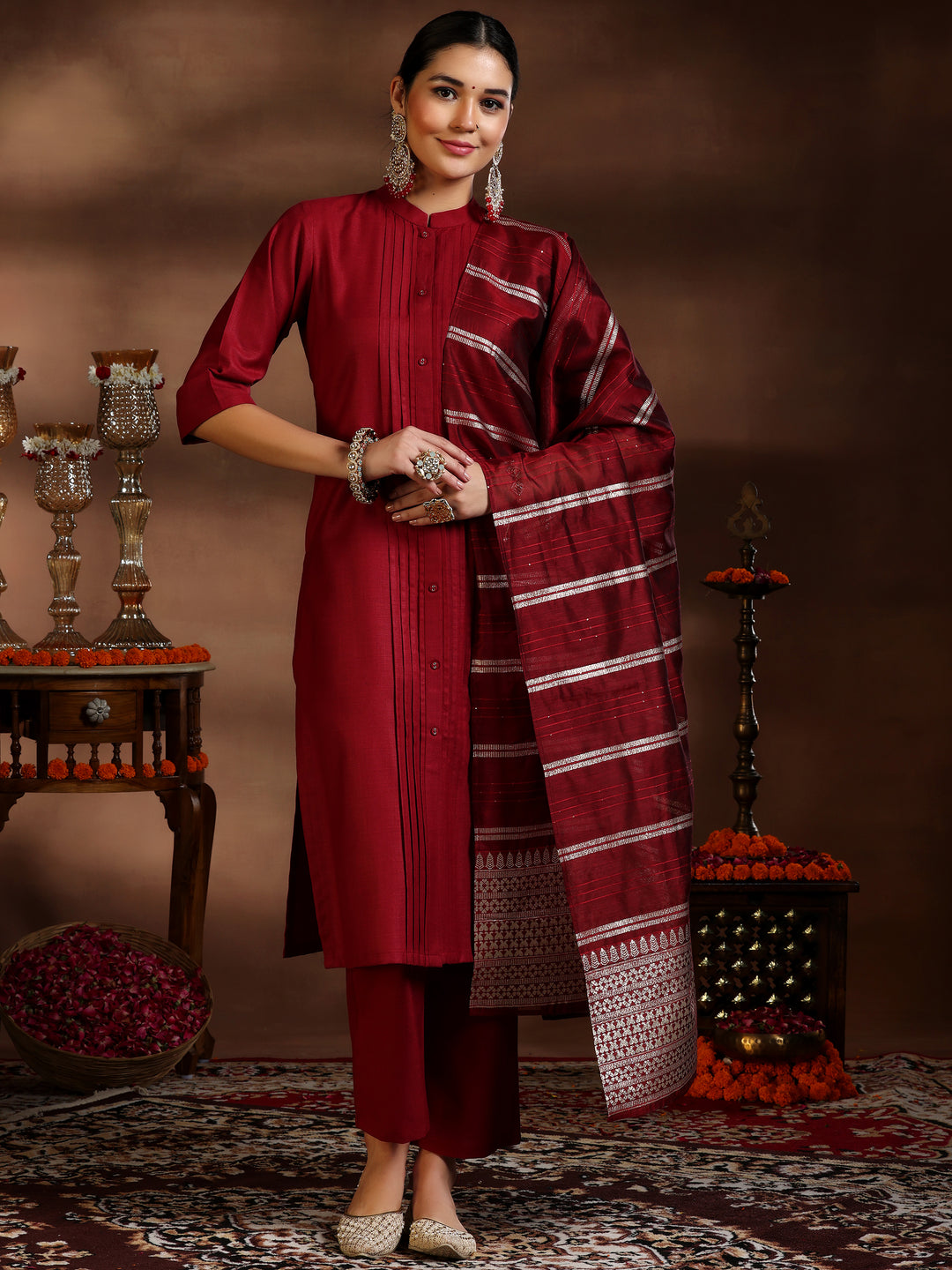 Maroon Solid Cotton Blend Straight Suit With Dupatta