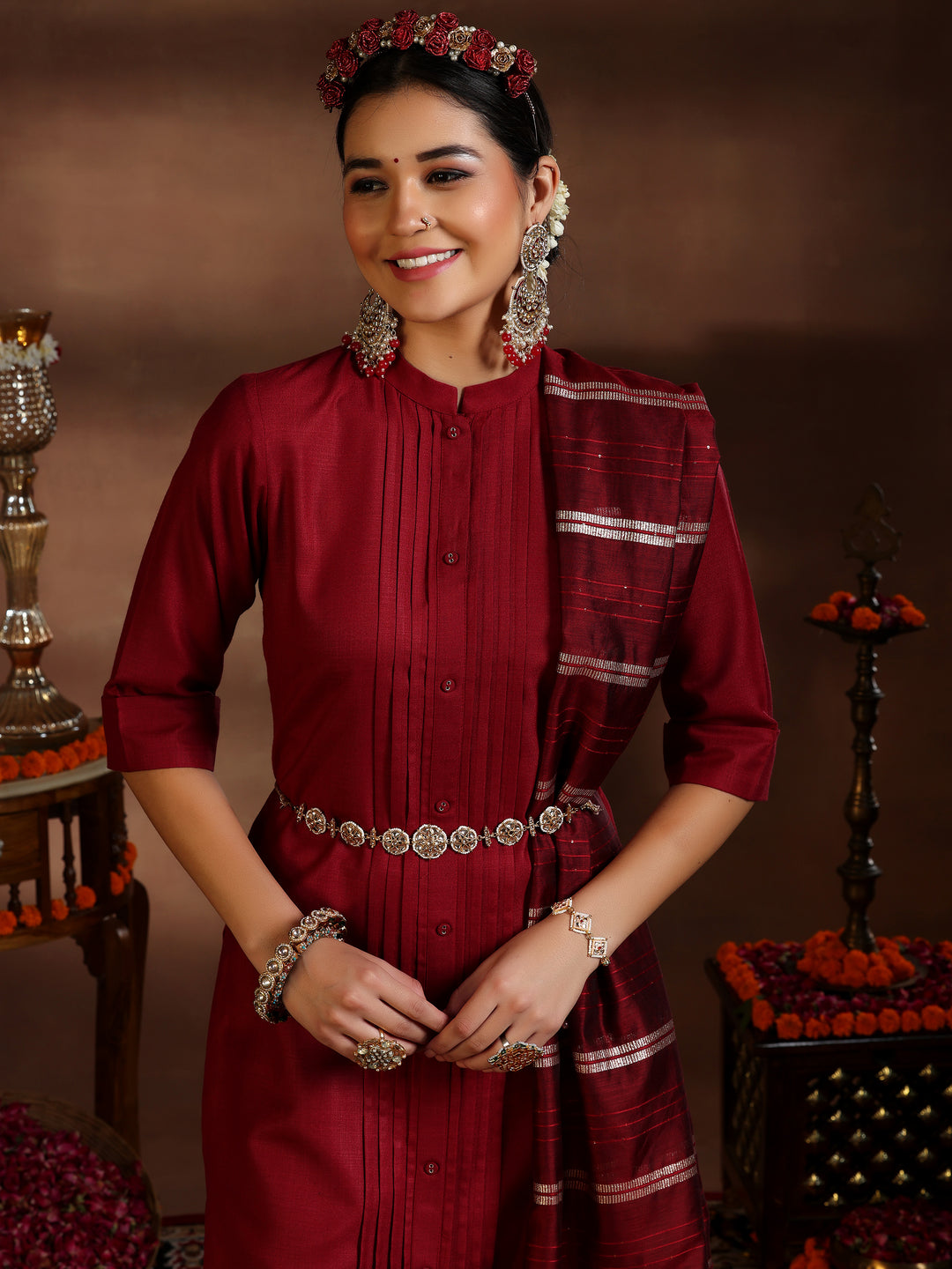 Maroon Solid Cotton Blend Straight Suit With Dupatta