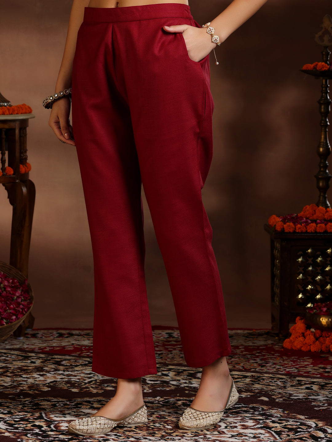 Maroon Solid Cotton Blend Straight Suit With Dupatta