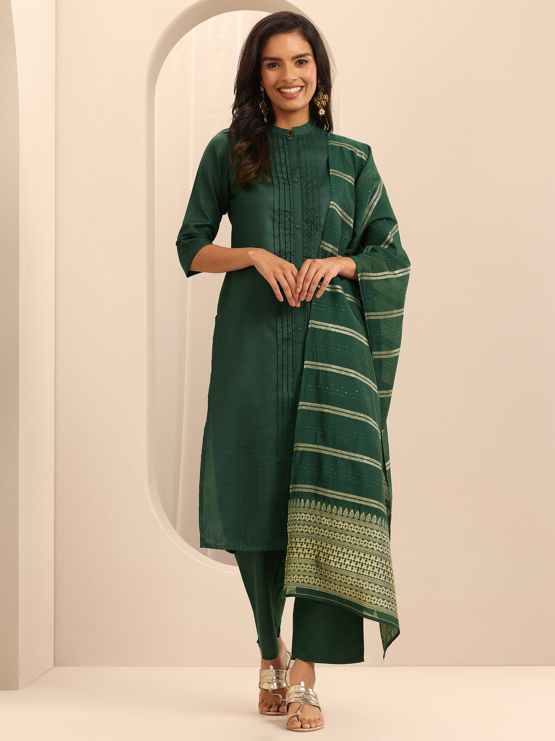 Green Solid Cotton Blend Straight Suit With Dupatta