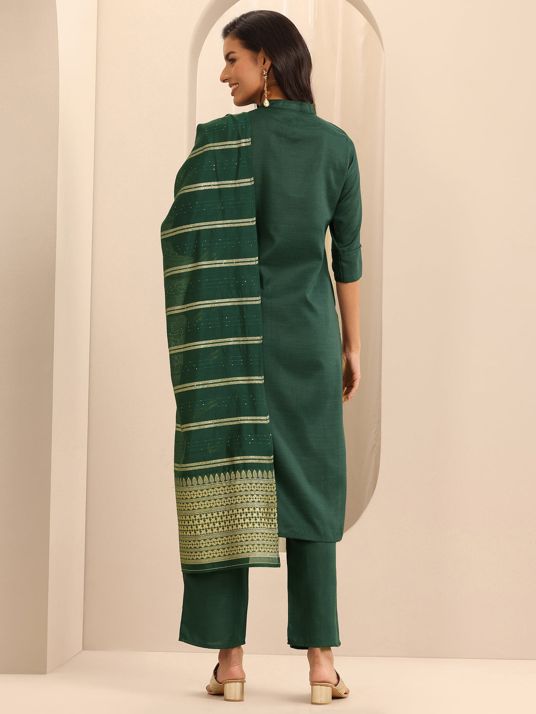 Green Solid Cotton Blend Straight Suit With Dupatta