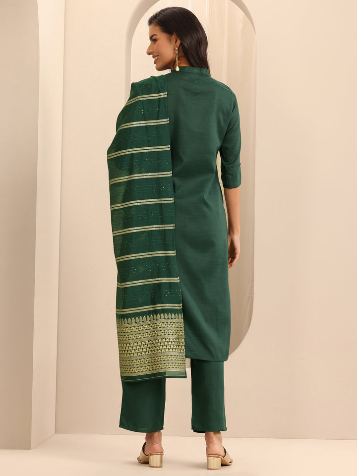 Green Solid Cotton Blend Straight Suit With Dupatta