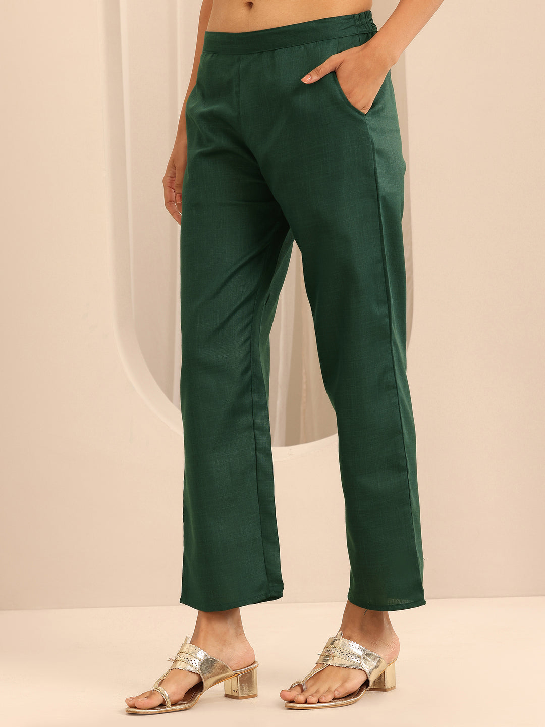 Green Solid Cotton Blend Straight Suit With Dupatta