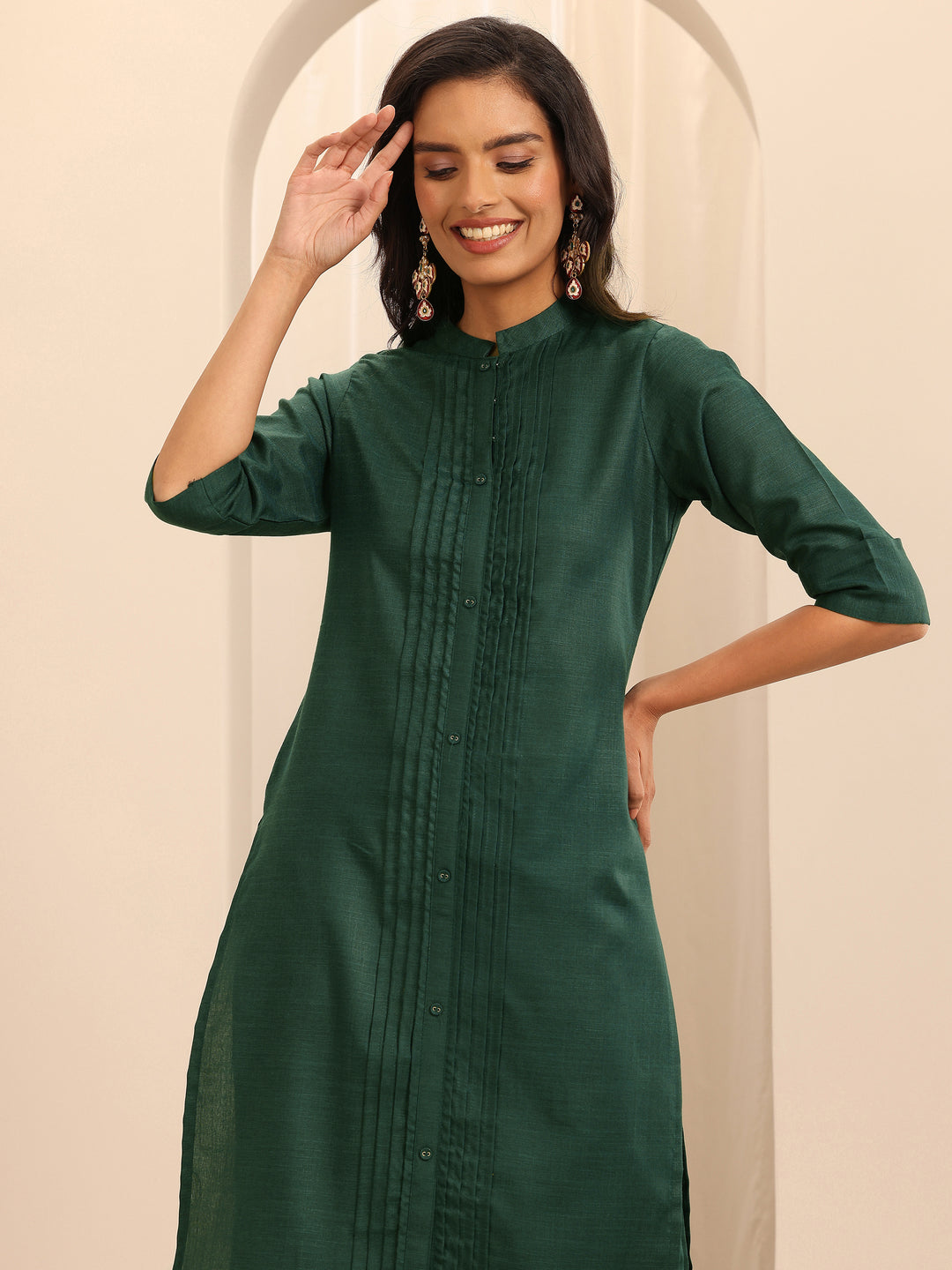 Green Solid Cotton Blend Straight Suit With Dupatta