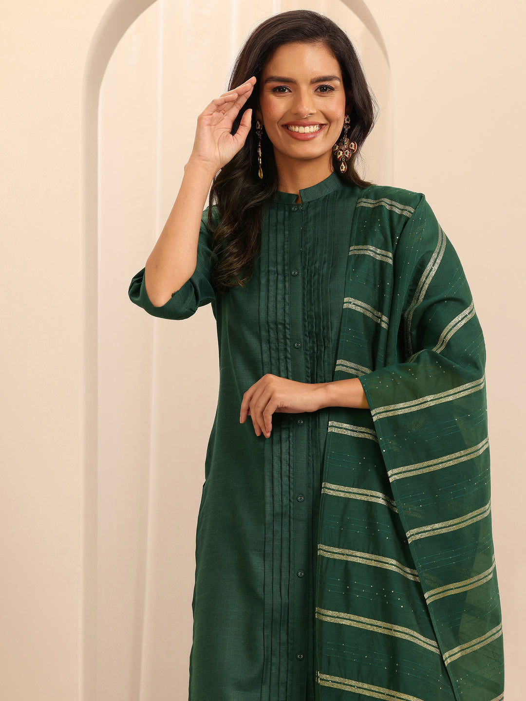 Green Solid Cotton Blend Straight Suit With Dupatta