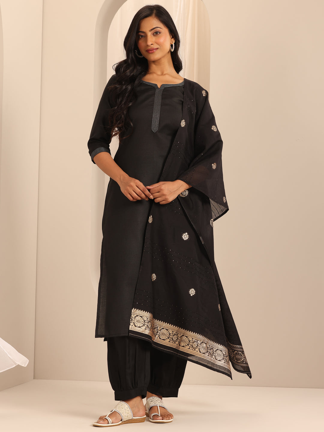 Black Solid Cotton Blend Straight Suit With Dupatta