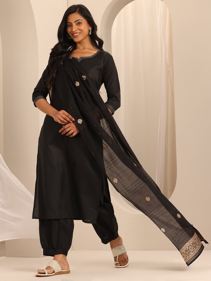 Black Solid Cotton Blend Straight Suit With Dupatta