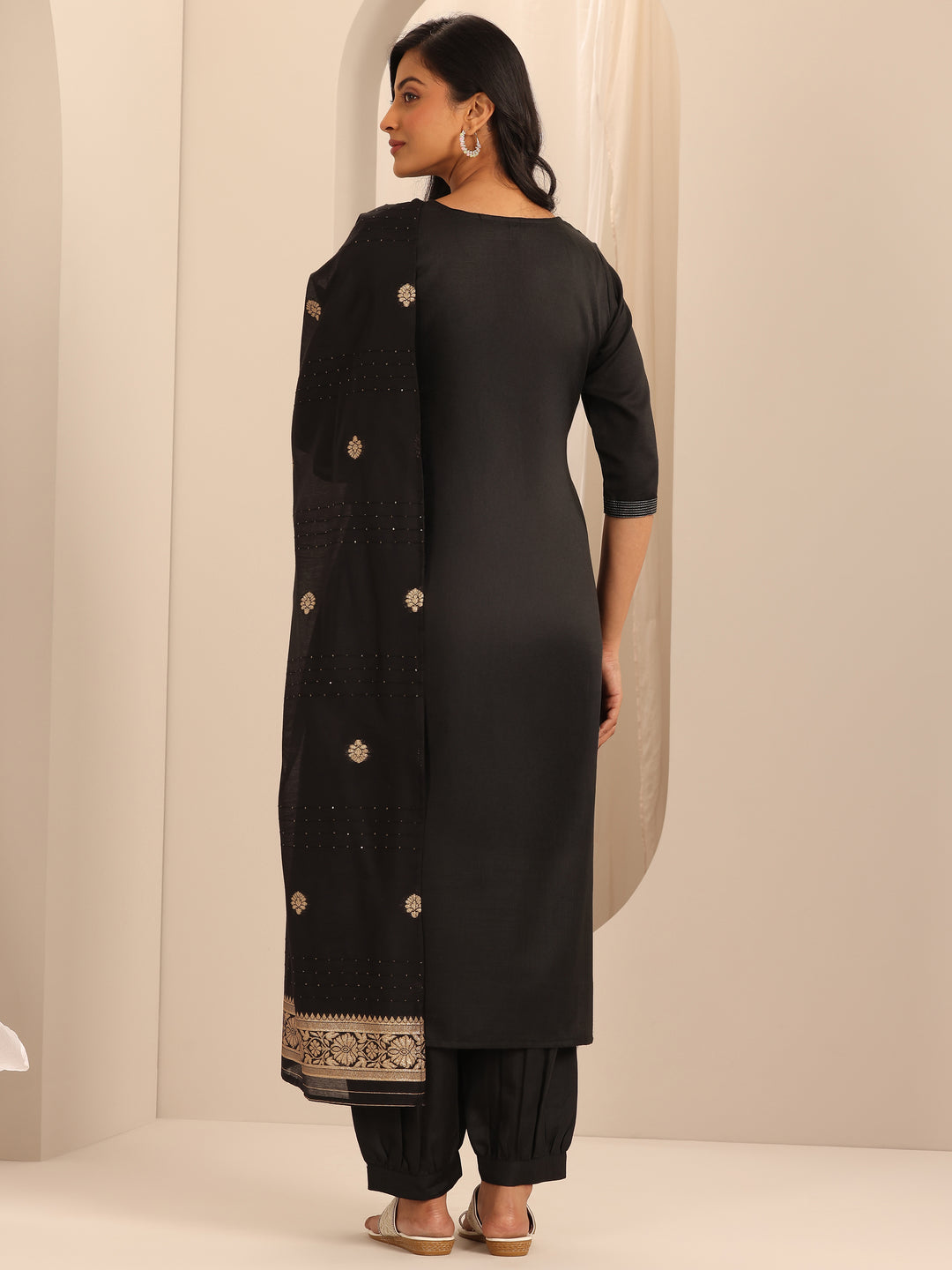 Black Solid Cotton Blend Straight Suit With Dupatta