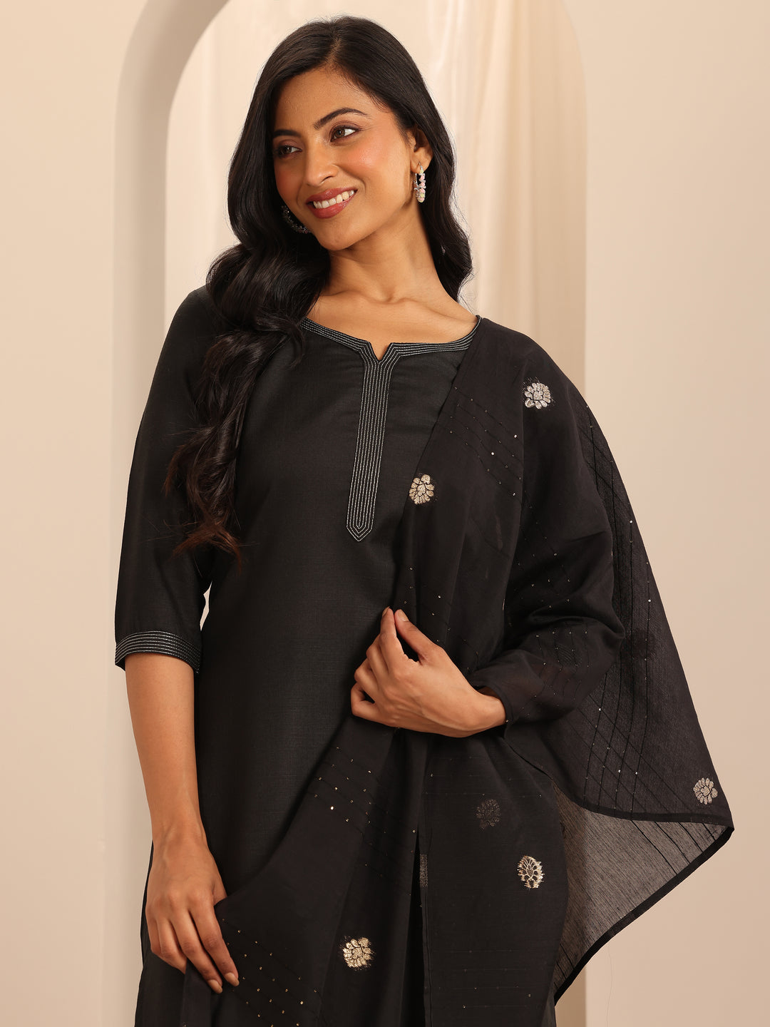 Black Solid Cotton Blend Straight Suit With Dupatta