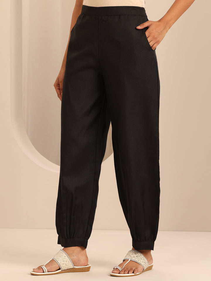 Black Solid Cotton Blend Straight Suit With Dupatta