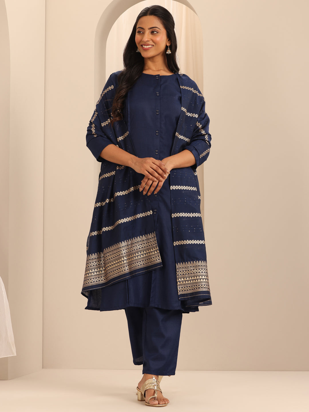 Navy Blue Solid Cotton Blend Straight Suit With Dupatta