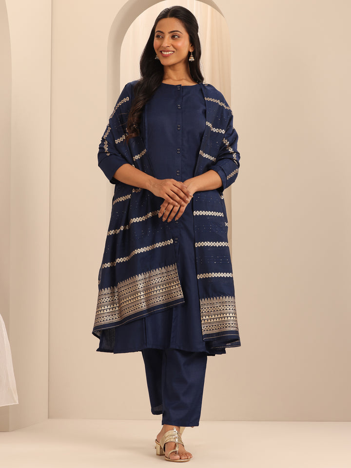 Navy Blue Solid Cotton Blend Straight Suit With Dupatta