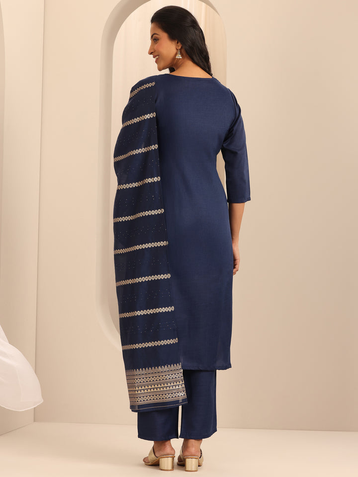 Navy Blue Solid Cotton Blend Straight Suit With Dupatta