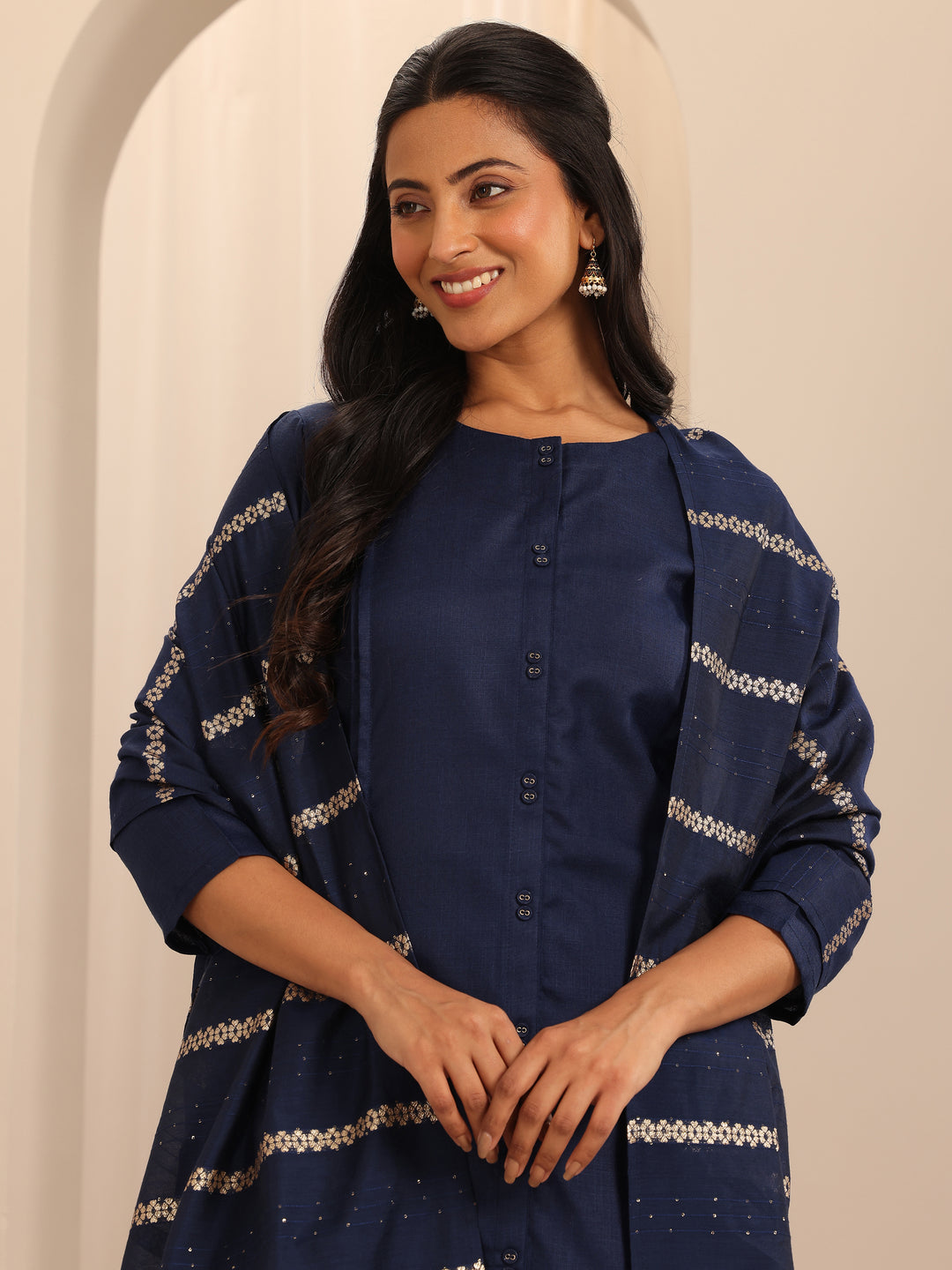 Navy Blue Solid Cotton Blend Straight Suit With Dupatta