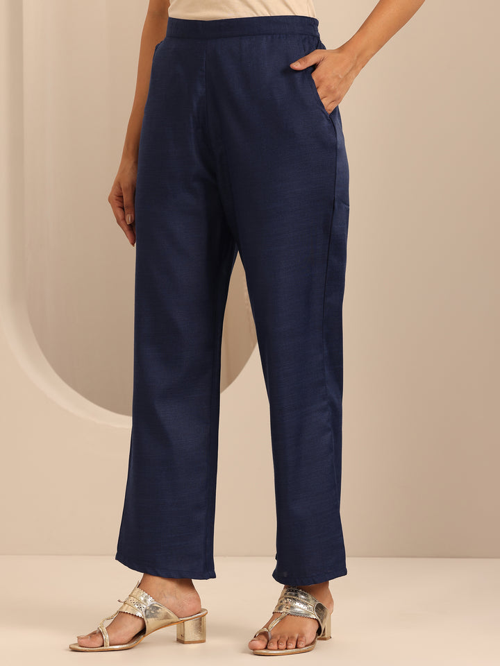 Navy Blue Solid Cotton Blend Straight Suit With Dupatta