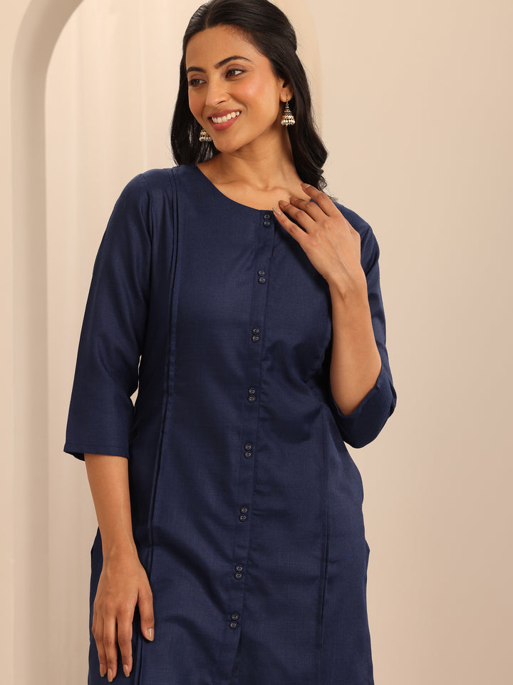 Navy Blue Solid Cotton Blend Straight Suit With Dupatta