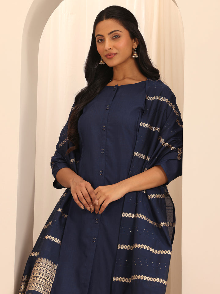 Navy Blue Solid Cotton Blend Straight Suit With Dupatta