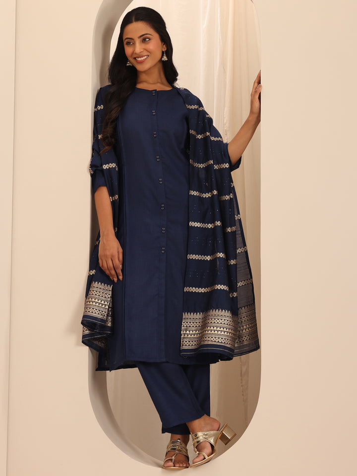 Navy Blue Solid Cotton Blend Straight Suit With Dupatta