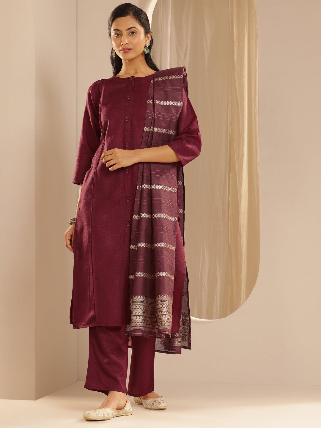 Maroon Solid Cotton Blend Straight Suit With Dupatta