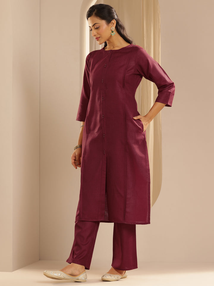 Maroon Solid Cotton Blend Straight Suit With Dupatta