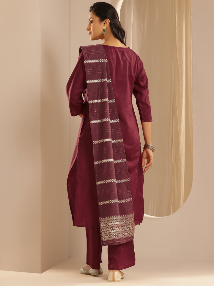 Maroon Solid Cotton Blend Straight Suit With Dupatta