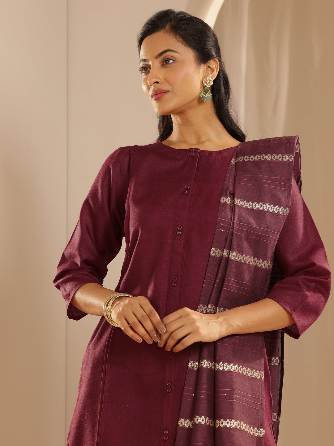 Maroon Solid Cotton Blend Straight Suit With Dupatta