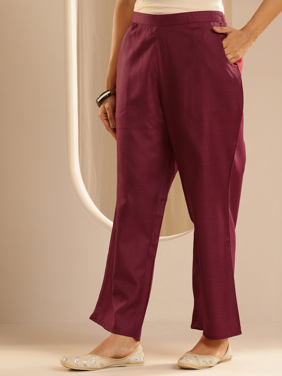 Maroon Solid Cotton Blend Straight Suit With Dupatta