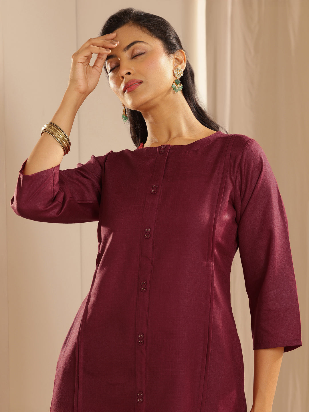 Maroon Solid Cotton Blend Straight Suit With Dupatta