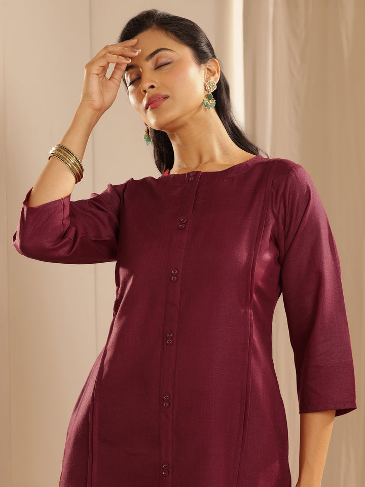 Maroon Solid Cotton Blend Straight Suit With Dupatta